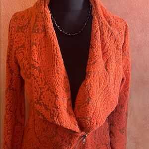 Orange paisley light zipped sweater w shawl collar.